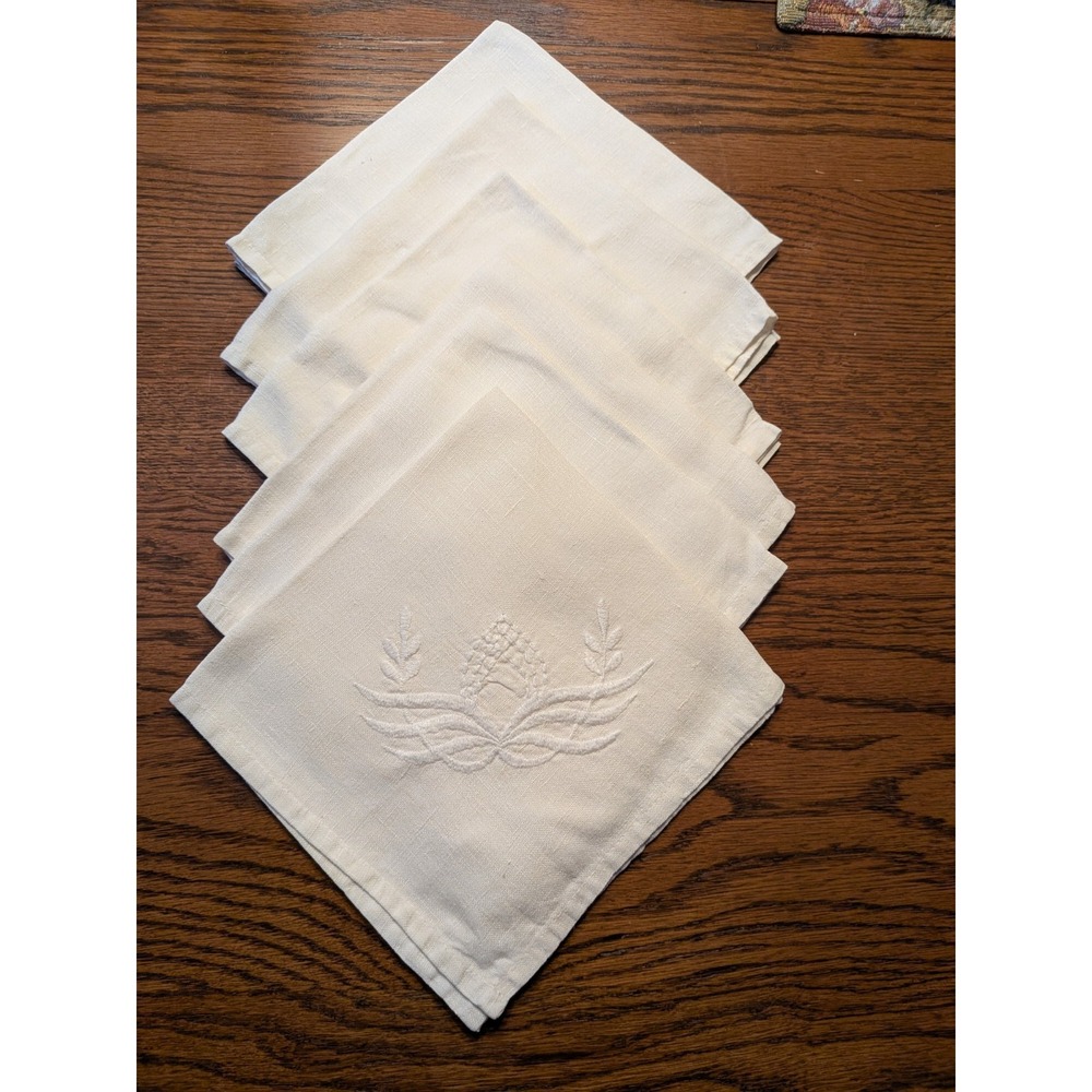 Vintage Cream‎ Embroidered Pinecone Cloth Napkins Set of 6 Homespun Rustic 14x14
